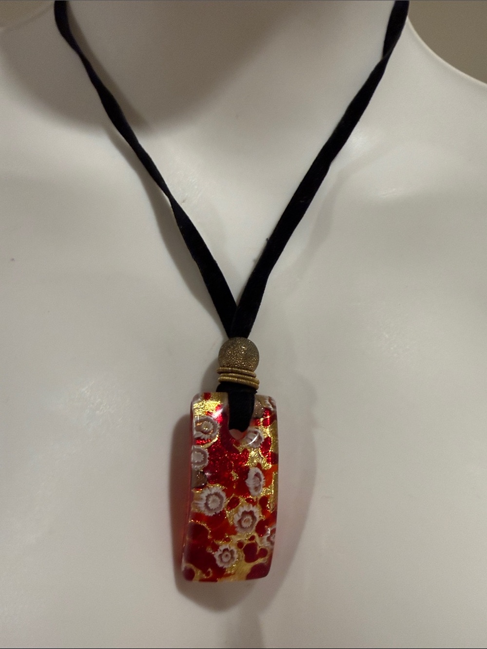 Murano Italy Red Floral Glass Pendant Necklace on Black Velvet Ribbon
